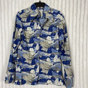 Vintage Montgomery Ward 70s Button Down Graphic Print Disco Collar Men’s Shirt M